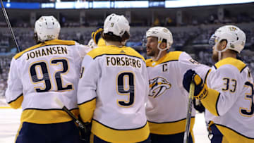 WINNIPEG, MB - MAY 7: Ryan Johansen #92, Filip Forsberg #9, P.K. Subban #76, Roman Josi #59 and Viktor Arvidsson #33 of the Nashville Predators celebrate a third period goal against the Winnipeg Jets in Game Six of the Western Conference Second Round during the 2018 NHL Stanley Cup Playoffs at the Bell MTS Place on May 7, 2018 in Winnipeg, Manitoba, Canada. (Photo by Darcy Finley/NHLI via Getty Images)