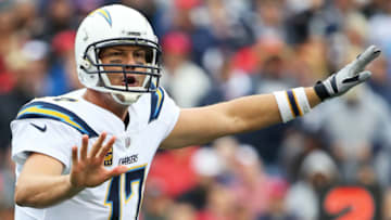 FOXBORO, MA - OCTOBER 29: Philip Rivers #17 of the Los Angeles Chargers calls a play during the first half against the Los Angeles Chargers at Gillette Stadium on October 29, 2017 in Foxboro, Massachusetts. (Photo by Maddie Meyer/Getty Images)