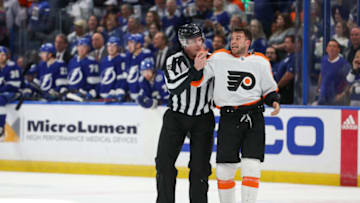 Mar 7, 2023; Tampa, Florida, USA; Philadelphia Flyers defenseman Tony DeAngelo (77) reacts after a penalty during a game against the Tampa Bay Lightning in the third period at Amalie Arena. Mandatory Credit: Nathan Ray Seebeck-USA TODAY Sports
