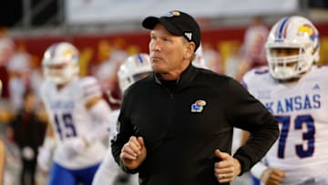 AMES, IA - NOVEMBER 4: Head coach Lance Leipold of the Kansas Jayhawks takes the field at Jack Trice Stadium on November 4, 2023 in Ames, Iowa. The Kansas Jayhawks won 28-21 over the Iowa State Cyclones. (Photo by David K Purdy/Getty Images)