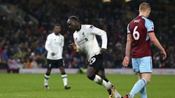 BURNLEY, ENGLAND - JANUARY 01: Sadio Mane of Liverpool celebrates after scoring his sides first goal during the Premier League match between Burnley and Liverpool at Turf Moor on January 1, 2018 in Burnley, England. (Photo by Nigel Roddis/Getty Images)