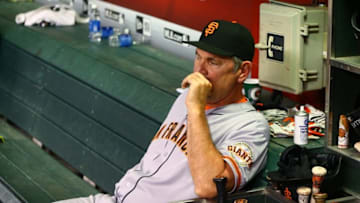 Jul 1, 2016; Phoenix, AZ, USA; San Francisco Giants manager Bruce Bochy reacts against the Arizona Diamondbacks at Chase Field. Mandatory Credit: Mark J. Rebilas-USA TODAY Sports