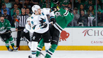 DALLAS, TX - MARCH 20: Joe Pavelski #8 of the San Jose Sharks battles for position against John Klingberg #3 of the Dallas Stars at the American Airlines Center on March 20, 2017 in Dallas, Texas. (Photo by Glenn James/NHLI via Getty Images)