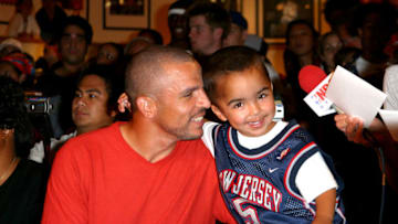 Jason Kidd with son TJ during The NBA Store hosts the '2nd Annual Back-To-School Style Preview' at NBA Store in New York City, New York, United States. (Photo by James Devaney/WireImage)