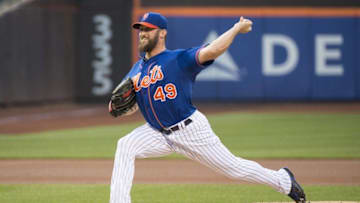 Aug 15, 2015; New York City, NY, USA; New York Mets pitcher Jon Niese (49) delivers a pitch during the first inning of the game against the Pittsburgh Pirates at Citi Field. Mandatory Credit: Gregory J. Fisher-USA TODAY Sports
