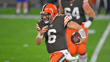 CLEVELAND, OHIO - SEPTEMBER 17: Quarterback Baker Mayfield #6 of the Cleveland Browns scrambles during the first half against the Cincinnati Bengals at FirstEnergy Stadium on September 17, 2020 in Cleveland, Ohio. The Browns defeated the Bengals 35-30. (Photo by Jason Miller/Getty Images)