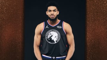 CHARLOTTE, NC - FEBRUARY 17: Karl-Anthony Towns #32 of Team LeBron poses for a portrait before the 2019 NBA All-Star game on February 17, 2019 at the Spectrum Center in Charlotte, North Carolina. NOTE TO USER: User expressly acknowledges and agrees that, by downloading and or using this photograph, User is consenting to the terms and conditions of the Getty Images License Agreement. Mandatory Copyright Notice: Copyright 2019 NBAE (Photo by Jennifer Pottheiser/NBAE via Getty Images)