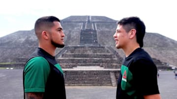 MEXICO CITY, MEXICO - JUNE 07: (L-R) Sergio Pettis and Brandon Moreno face off for the media during an on-sale press tour on June 7, 2017 in Mexico City, Mexico. (Photo by Juan Cardenas/Zuffa LLC/Zuffa LLC via Getty Images)