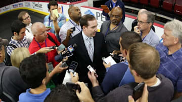 Sep 29, 2014; Philadelphia, PA, USA; Philadelphia 76ers general manager Sam Hinkie talks with reporters during media day at the Wells Fargo Center. Mandatory Credit: Bill Streicher-USA TODAY Sports