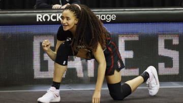 EUGENE, OREGON - FEBRUARY 15: Haley Jones #30 of the Stanford Cardinal cheers for her team as she waits to enter the game against the Oregon Ducks during the second half at Matthew Knight Arena on February 15, 2021 in Eugene, Oregon. (Photo by Soobum Im/Getty Images)