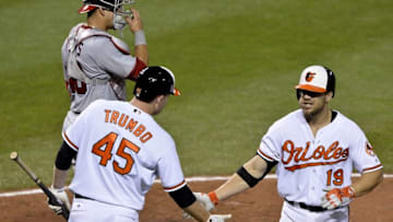 Aug 23, 2016; Baltimore, MD, USA; Baltimore Orioles center fielder Adam Jones (10) celebrates with Baltimore Orioles right fielder Mark Trumbo (45) after his eighth inning too home run against the Washington Nationals at Oriole Park at Camden Yards. Baltimore Orioles seated Washington Nationals 8-1. Mandatory Credit: Tommy Gilligan-USA TODAY Sports