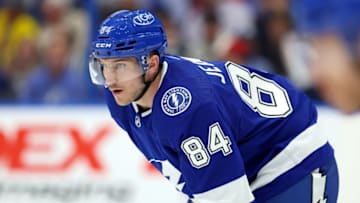 TAMPA, FLORIDA - FEBRUARY 28: Tanner Jeannot #84 of the Tampa Bay Lightning looks on during a game `az at Amalie Arena on February 28, 2023 in Tampa, Florida. (Photo by Mike Ehrmann/Getty Images)