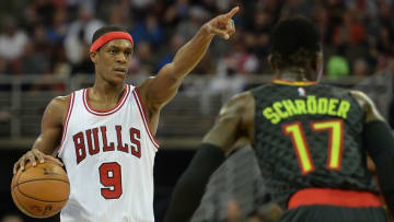 Oct 20, 2016; Omaha, NE, USA; Chicago Bulls guard Rajon Rondo (9) directs the office against Atlanta Hawks guard Dennis Schroder (17) at CenturyLink Center Omaha. Atlanta defeated Chicago 97-81. Mandatory Credit: Steven Branscombe-USA TODAY Sports
