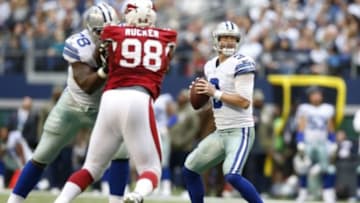 Nov 2, 2014; Arlington, TX, USA; Dallas Cowboys quarterback Brandon Weeden (3) throws in the pocket against the Arizona Cardinals at AT&T Stadium. Mandatory Credit: Matthew Emmons-USA TODAY Sports