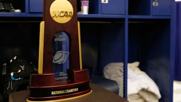 The National Championship trophy inside the Duke basketball locker room. (Photo by Kevin C. Cox/Getty Images)