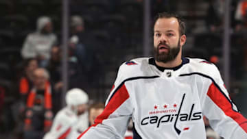 PHILADELPHIA, PA - NOVEMBER 13: Radko Gudas #3 of the Washington Capitals warms up against the Philadelphia Flyers on November 13, 2019 at the Wells Fargo Center in Philadelphia, Pennsylvania. (Photo by Len Redkoles/NHLI via Getty Images)