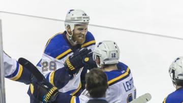 May 21, 2016; San Jose, CA, USA; St. Louis Blues center Kyle Brodziak (28) celebrates scoring against the San Jose Sharks in the second period of game four of the Western Conference Final of the 2016 Stanley Cup Playoffs at SAP Center at San Jose. Mandatory Credit: John Hefti-USA TODAY Sports
