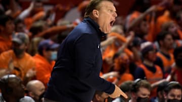 Nov 12, 2021; Champaign, Illinois, USA; Illinois Fighting Illini head coach Brad Underwood yells from the sidelines against the Arkansas State Red Wolves in the second half at State Farm Center. Mandatory Credit: Ron Johnson-USA TODAY Sports