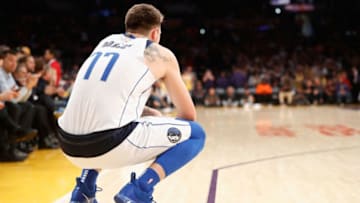 LOS ANGELES, CA - OCTOBER 31: Luka Doncic #77 of the Dallas Mavericks reacts during the second half of a game against the Los Angeles Lakers at Staples Center on October 31, 2018 in Los Angeles, California. NOTE TO USER: User expressly acknowledges and agrees that, by downloading and or using this photograph, User is consenting to the terms and conditions of the Getty Images License Agreement. (Photo by Sean M. Haffey/Getty Images)