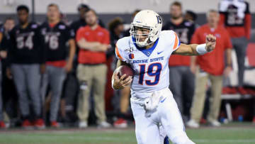 LAS VEGAS, NEVADA - OCTOBER 05: Quarterback Hank Bachmeier #19 of the Boise State Broncos runs for a 6-yard gain against the UNLV Rebels during their game at Sam Boyd Stadium on October 5, 2019 in Las Vegas, Nevada. (Photo by Ethan Miller/Getty Images)