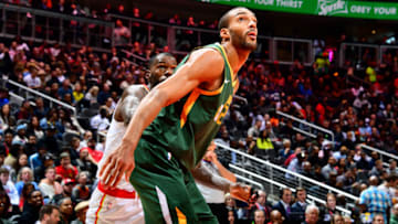 ATLANTA, GA - MARCH 21: Rudy Gobert #27 of the Utah Jazz defends Dewayne Dedmon #14 of the Atlanta Hawks on March 21, 2019 at State Farm Arena in Atlanta, Georgia. Copyright 2019 NBAE (Photo by Scott Cunningham/NBAE via Getty Images)
