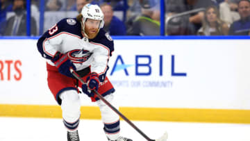 TAMPA, FLORIDA - APRIL 26: Jakub Voracek #93 of the Columbus Blue Jackets looks to pass in the first period during a game against the Tampa Bay Lightning at Amalie Arena on April 26, 2022 in Tampa, Florida. (Photo by Mike Ehrmann/Getty Images)