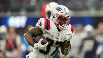 Oct 31, 2021; Inglewood, California, USA; New England Patriots running back Damien Harris (37) carries the ball against the Los Angeles Chargers in the second half at SoFi Stadium. The Patriots defeated the Chargers 27-24. Mandatory Credit: Kirby Lee-USA TODAY Sports