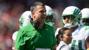 Oct 2, 2021; Stanford, California, USA; Oregon Ducks head coach Mario Cristobal reacts during the first quarter against the Stanford Cardinal at Stanford Stadium. Mandatory Credit: Stan Szeto-USA TODAY Sports