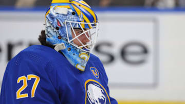 Oct 17, 2023; Buffalo, New York, USA; Buffalo Sabres goaltender Devon Levi (27) during a stoppage in play against the Tampa Bay Lightning during the first period at KeyBank Center. Mandatory Credit: Timothy T. Ludwig-USA TODAY Sports