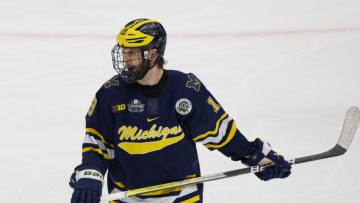 TAMPA, FL - APRIL 6: Adam Fantilli #19 of the Michigan Wolverines skates against the Quinnipiac Bobcats during game two of the 2023 NCAA Division I Men's Hockey Frozen Four Championship Semifinal at the Amaile Arena on April 6, 2023 in Tampa, Florida. The Bobcats won 6-2. (Photo by Richard T Gagnon/Getty Images)