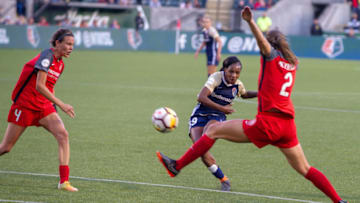 PORTLAND, OR - MAY 30: North Carolina Courage forward Crystal Dunn takes a shot on goal during the first half of the North Carolina Courage 4-1 victory over the Portland Thorns on May 30, 2018, at Providence Park, Portland, OR. (Photo by Diego Diaz/Icon Sportswire via Getty Images)