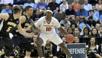 Mar 19, 2015; Jacksonville, FL, USA; Arkansas Razorbacks forward Bobby Portis (10) moves against Wofford Terriers forward Lee Skinner (34) in the first half of a game in the second round of the 2015 NCAA Tournament at Jacksonville Veteran Memorial Arena. Mandatory Credit: Tommy Gilligan-USA TODAY Sports