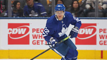 TORONTO, ON - FEBRUARY 27: Nikita Zaitsev #22 of the Toronto Maple Leafs skates with the puck against the Edmonton Oilers during an NHL game at Scotiabank Arena on February 27, 2019 in Toronto, Ontario, Canada. The Maple Leafs defeated the Oilers 6-2. (Photo by Claus Andersen/Getty Images)
