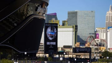 Nov 22, 2020; Paradise, Nevada, USA; A general view of the Allegiant Stadium exterior and the Las Vegas strip before an NFL game between the Kansas City Chiefs and the Las Vegas Raiders. Mandatory Credit: Kirby Lee-USA TODAY Sports