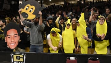 Feb 17, 2019; Boulder, CO, USA; Colorado Buffaloes student fans cheer during the second half against the Arizona Wildcats at the Coors Events Center. Mandatory Credit: Ron Chenoy-USA TODAY Sports
