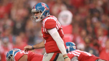 Jan 1, 2016; New Orleans, LA, USA; Mississippi Rebels quarterback Chad Kelly (10) yells prior to the snap against the Oklahoma State Cowboys in the 2016 Sugar Bowl at the Mercedes-Benz Superdome. Mandatory Credit: Crystal LoGiudice-USA TODAY Sports