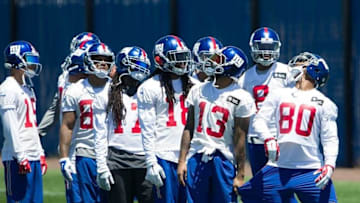 Jun 15, 2016; East Rutherford, NJ, USA; New York Giants wide receiver Odell Beckham (13) and wide receiver Victor Cruz (80) line up for receiving drills during mini camp at Quest Diagnostics Training Center. Mandatory Credit: William Hauser-USA TODAY Sports
