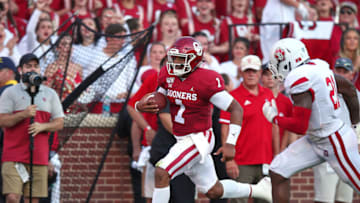 NORMAN, OK - SEPTEMBER 07: Oklahoma Sooners QB Jalen Hurts (1) during a college football game between the Oklahoma Sooners and the South Dakota Coyotes on September 7, 2019, at Memorial Stadium in Norman, OK. (Photo by David Stacy/Icon Sportswire via Getty Images)