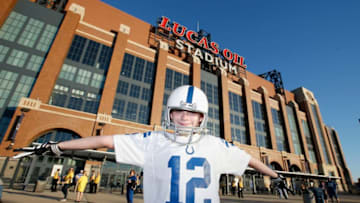 INDIANAPOLIS, IN - SEPTEMBER 21: A fan poses in front of the stadium before the start of the Indianapolis Colts against the New York Jets at Lucas Oil Stadium on September 21, 2015 in Indianapolis, Indiana. (Photo by Joe Robbins/Getty Images)