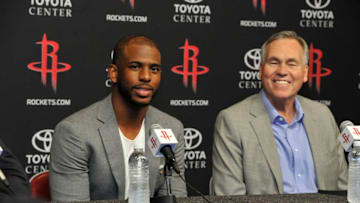 HOUSTON, TX - JULY 14: The Houston Rockets introduces Chris Paul as he speaks to the media during a press conference on July 14, 2017 at the Toyota Center in Houston, Texas. NOTE TO USER: User expressly acknowledges and agrees that, by downloading and/or using this photograph, user is consenting to the terms and conditions of the Getty Images License Agreement. Mandatory Copyright Notice: Copyright 2017 NBAE (Photo by Bill Baptist/NBAE via Getty Images)