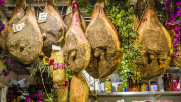 FLORENCE, TUSCANY, ITALY - 2018/05/10: Tuscan Raw Ham, Prosciutto toscano, for sale in a local market. (Photo by Frank Bienewald/LightRocket via Getty Images)