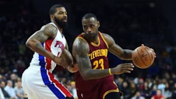 Jan 29, 2016; Auburn Hills, MI, USA; Detroit Pistons forward Marcus Morris (13) defends Cleveland Cavaliers forward LeBron James (23) during the third quarter at The Palace of Auburn Hills. Mandatory Credit: Tim Fuller-USA TODAY Sports