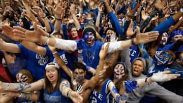 Feb 28, 2015; Durham, NC, USA; The Cameron Crazies get pumped up before the start of the Duke Blue Devils game against the Syracuse Orange at Cameron Indoor Stadium. Mandatory Credit: Mark Dolejs-USA TODAY Sports