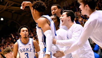 DURHAM, NORTH CAROLINA - DECEMBER 31: The Duke Blue Devils bench reacts after a three-point shot by Wendell Moore Jr. #0 of the Duke Blue Devils during the second half of their game against the Boston College Eaglesat Cameron Indoor Stadium on December 31, 2019 in Durham, North Carolina. Duke won 88-49. (Photo by Grant Halverson/Getty Images)