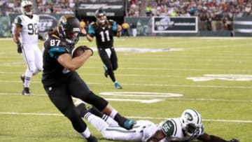 Aug 17, 2013; East Rutherford, NJ, USA; Jacksonville Jaguars tight end Allen Reisner (87) scores a touchdown against the New York Jets during the game at MetLife Stadium. Mandatory Credit: William Perlman/THE STAR-LEDGER via USA TODAY Sports