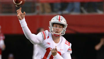 LINCOLN, NE - OCTOBER 14: Quarterback Joe Burrow #10 of the Ohio State Buckeyes warms up before the game against the Nebraska Cornhuskers at Memorial Stadium on October 14, 2017 in Lincoln, Nebraska. (Photo by Steven Branscombe/Getty Images)
