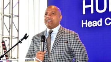 SAN FRANCISCO, CA - FEBRUARY 06: NFL head coach Hue Jackson speaks onstage during the 29th Annual Leigh Steinberg Super Bowl Party on February 6, 2016 in San Francisco, California. (Photo by Eugene Gologursky/Getty Images for Leigh Steinberg)