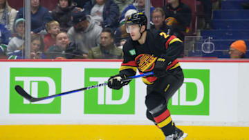 VANCOUVER, CANADA - JANUARY 27: Luke Schenn #2 of the Vancouver Canucks skates up ice during the first period of their NHL game against the Columbus Blue Jackets at Rogers Arena on January 27, 2023 in Vancouver, British Columbia, Canada. (Photo by Derek Cain/Getty Images)