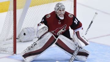 Jan 14, 2016; Glendale, AZ, USA; Arizona Coyotes goalie Louis Domingue (35) defends during the first period against the Detroit Red Wings at Gila River Arena. Mandatory Credit: Matt Kartozian-USA TODAY Sports