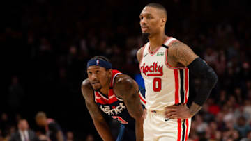 Portland Trail Blazers guard Damian Lillard (0) and Washington Wizards guard Bradley Beal (3) wait during a break in the action (Troy Wayrynen-USA TODAY Sports)